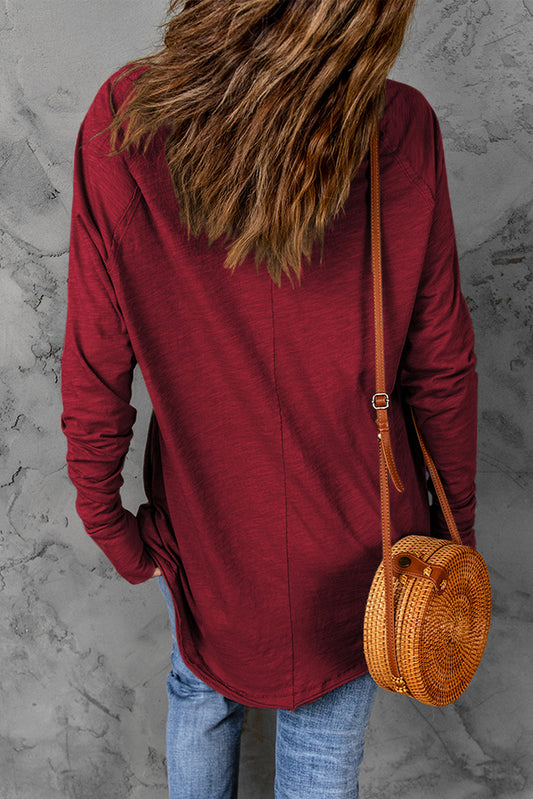 Fiery Red Solid Crew Neck Long Sleeve Top Long Sleeve Tops JT's Designer Fashion