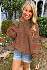 Brown Stripe Trimmed Round Neck Drop Shoulder Loose Sweater Sweaters JT's Designer Fashion