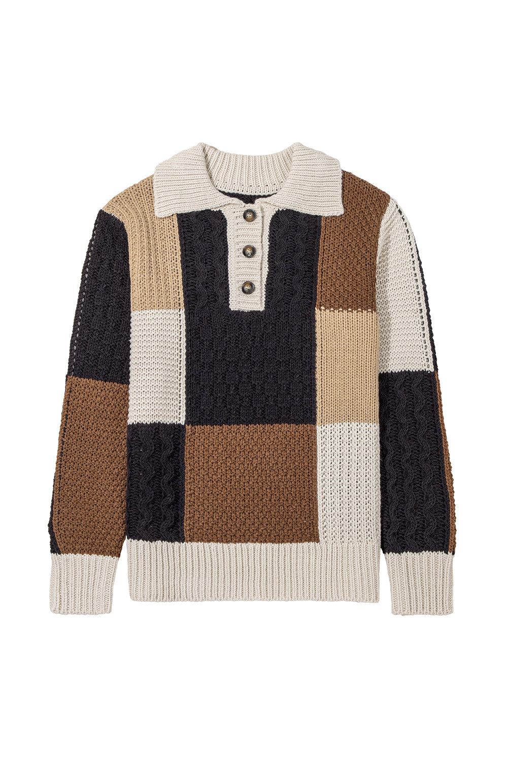 Multicolour Color Block Cable Knit Sleeve Buttons Collared Sweater Sweaters JT's Designer Fashion