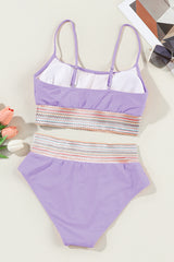 Orchid Petal Striped Patchwork Spaghetti Strap High Waist Bikini Swimsuit High Waisted Swimsuit JT's Designer Fashion