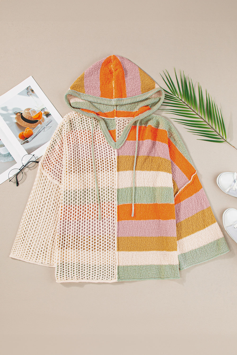 DEAR-LOVER Beige Oversized Colorblock V Neck Hooded Sweater Sweaters JT's Designer Fashion
