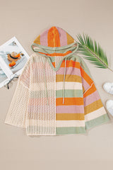 DEAR-LOVER Beige Oversized Colorblock V Neck Hooded Sweater Sweaters JT's Designer Fashion
