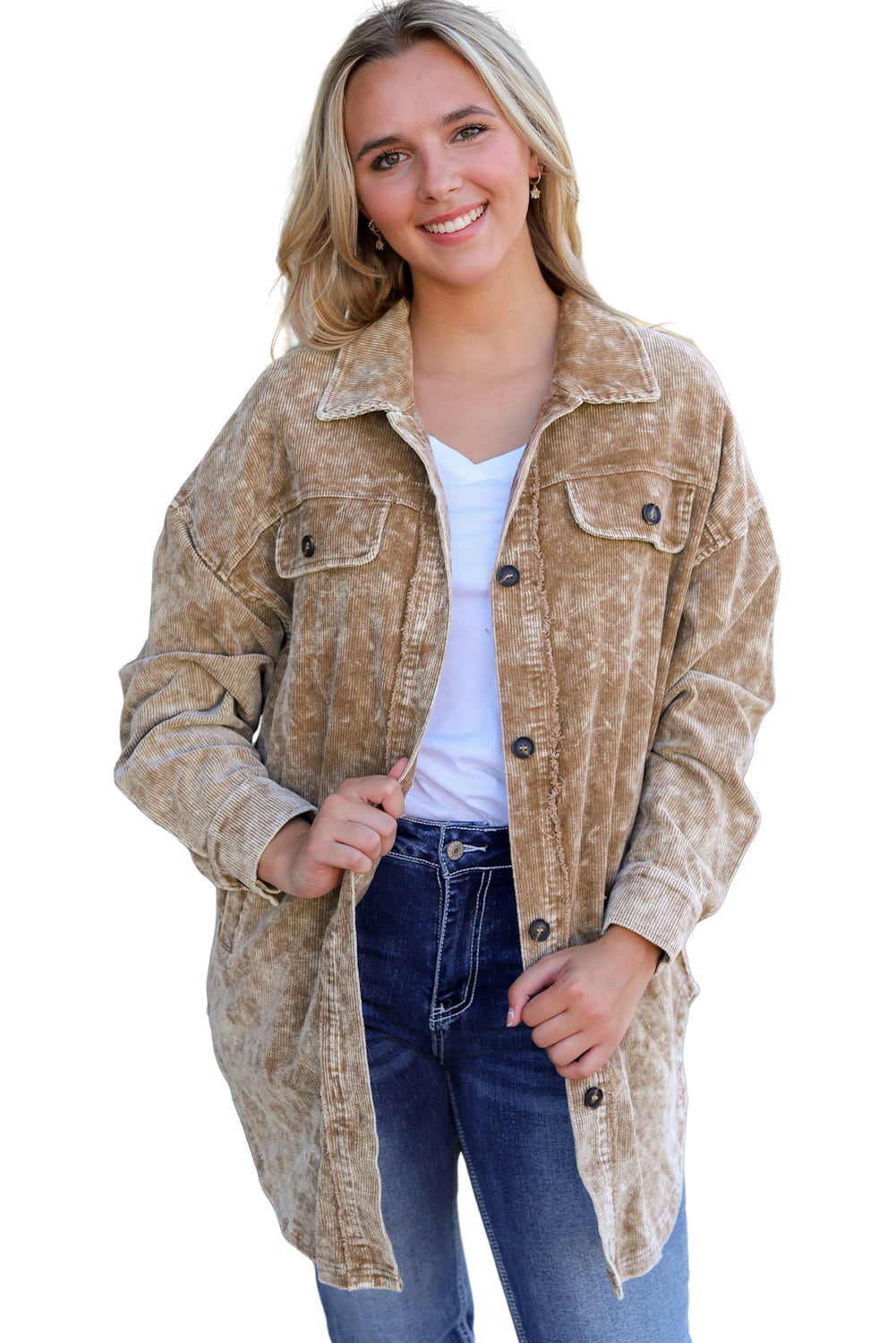 Khaki Vintage Distressed Mineral Wash Oversized Shacket Jackets JT's Designer Fashion
