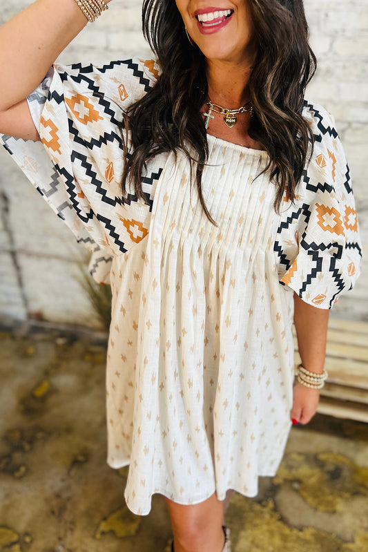 Beige Western Aztec Print Pleated Square Neck Loose Mini Dress Mini Dresses JT's Designer Fashion