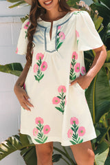 Apricot Floral Short Sleeve Split Neck Loose Mini Dress Floral Dresses JT's Designer Fashion