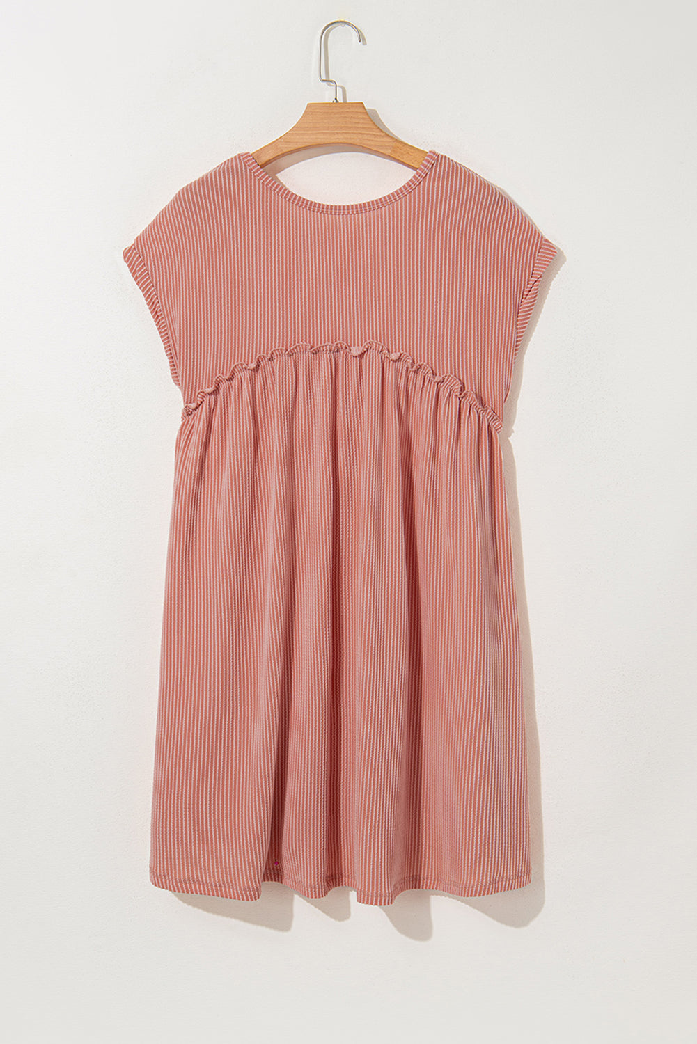 Dusty Pink Corded Knit Textured Patched Pocket Frilled Swing Mini Dress with Pockets Mini Dresses JT's Designer Fashion