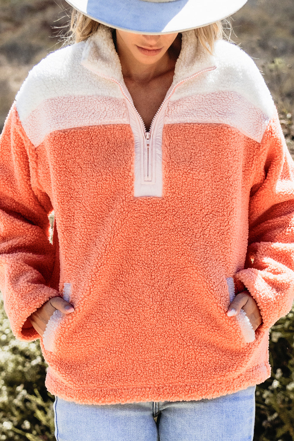 Orange Colorblock Half Zipper Stand Neck Sherpa Sweatshirt Sweatshirts & Hoodies JT's Designer Fashion