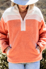 Orange Colorblock Half Zipper Stand Neck Sherpa Sweatshirt Sweatshirts & Hoodies JT's Designer Fashion