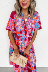 Rose Floral Print Tie High Waist Short Sleeve Loose Long Dress Dresses JT's Designer Fashion
