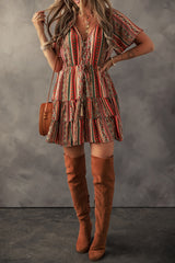 Red Bohemian Floral Print Buttoned V Neck Ruffle Tiered Dress Floral Dresses JT's Designer Fashion