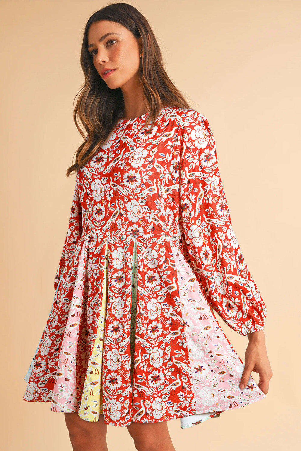 Red Colorful Floral Patchwork Long Sleeve Pleated Mini Dress Floral Dresses JT's Designer Fashion
