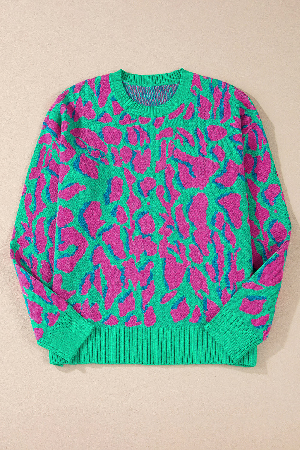 Green Abstract Print Ribbed Trim Baggy Sweater Sweaters JT's Designer Fashion
