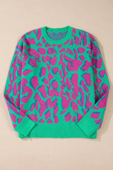 Green Abstract Print Ribbed Trim Baggy Sweater Sweaters JT's Designer Fashion
