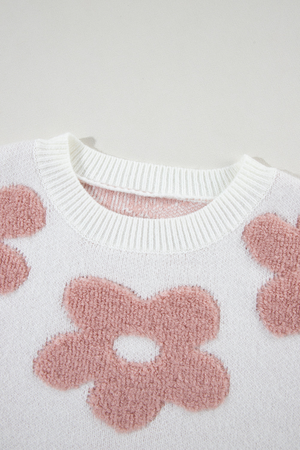 White Textured Flower Drop Shoulder Loose Sweater Sweaters JT's Designer Fashion