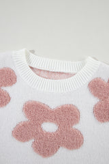 White Textured Flower Drop Shoulder Loose Sweater Sweaters JT's Designer Fashion