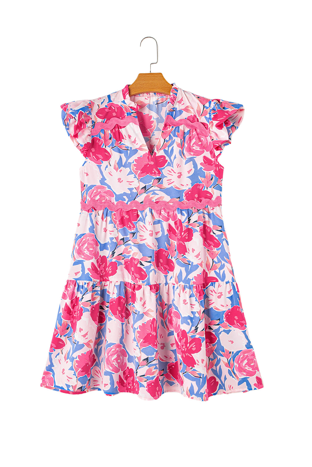 Pink Floral Printed V Notched Ric Rac Flutter Sleeve Dress Floral Dresses JT's Designer Fashion