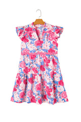 Pink Floral Printed V Notched Ric Rac Flutter Sleeve Dress Floral Dresses JT's Designer Fashion