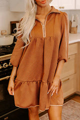 Desert Gold Quarter Zip Collar Bracelet Sleeve Textured Mini Dress Desert Gold 97%Polyester+3%Elastane Mini Dresses JT's Designer Fashion