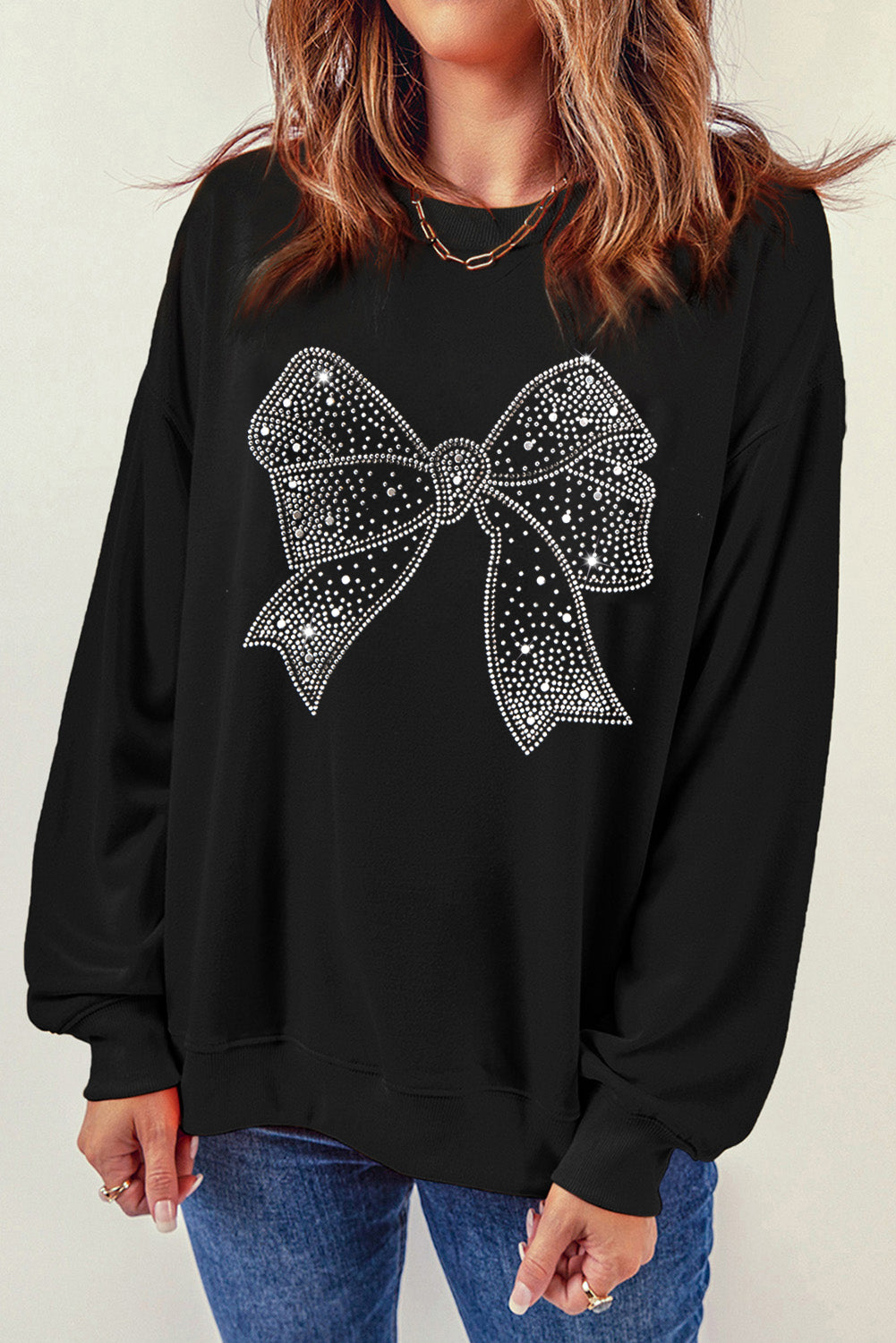 Black Rhinestone Bowknot Graphic Crewneck Pullover Sweatshirt Graphic Sweatshirts JT's Designer Fashion