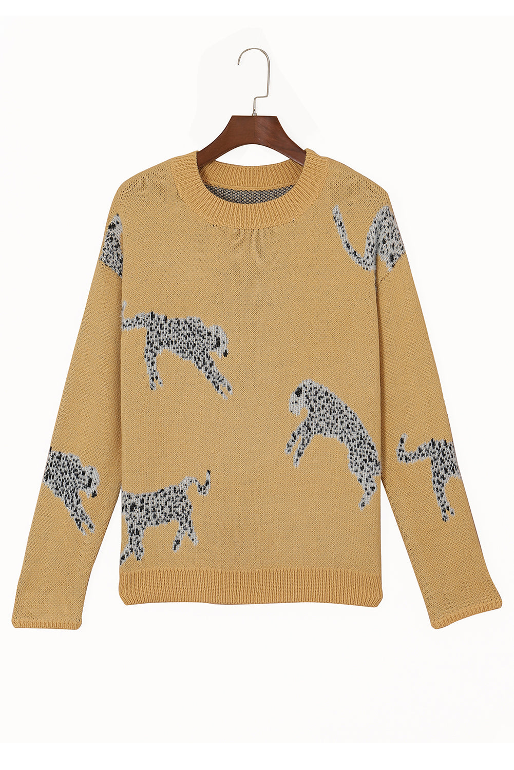 Camel Fuzzy Cheetah Accent Round Neck Sweater Sweaters & Cardigans JT's Designer Fashion