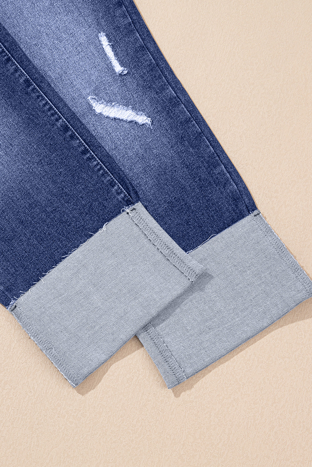 Real Teal Folded Cuffs Distressed Straight High Waist Jeans Jeans JT's Designer Fashion