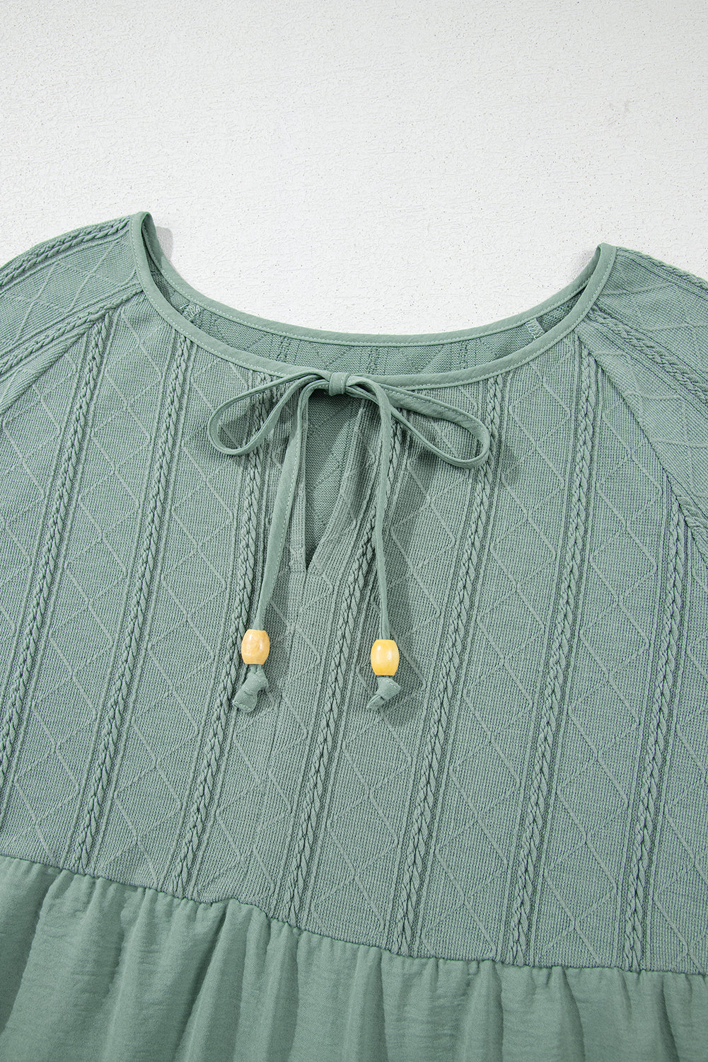 Laurel Green Tie Split Neck Textured Ruffle Patchwork Blouse Blouses & Shirts JT's Designer Fashion