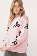 Light Pink Bow Pattern Knitted Loose Fit Sweater Sweaters JT's Designer Fashion