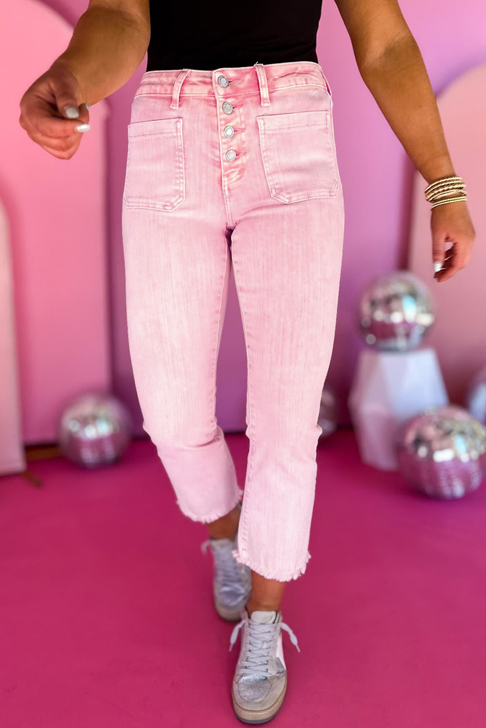 Apricot Pink Multi Buttons Raw Edge Crop Jeans Apricot Pink 98%Cotton+2%Elastane Jeans JT's Designer Fashion