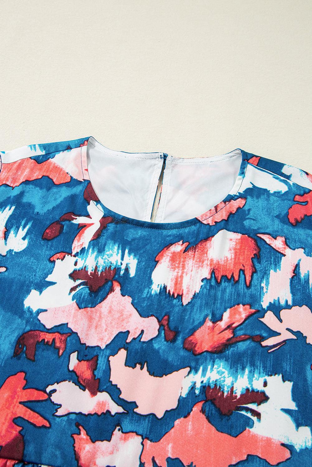 Blue Abstract Print Shirred Ruffled Short Sleeve Tiered Plus Size Mini Dress Plus Size Mini Dresses JT's Designer Fashion
