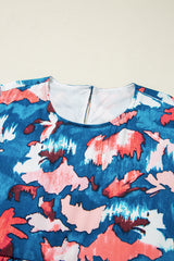 Blue Abstract Print Shirred Ruffled Short Sleeve Tiered Plus Size Mini Dress Plus Size Mini Dresses JT's Designer Fashion