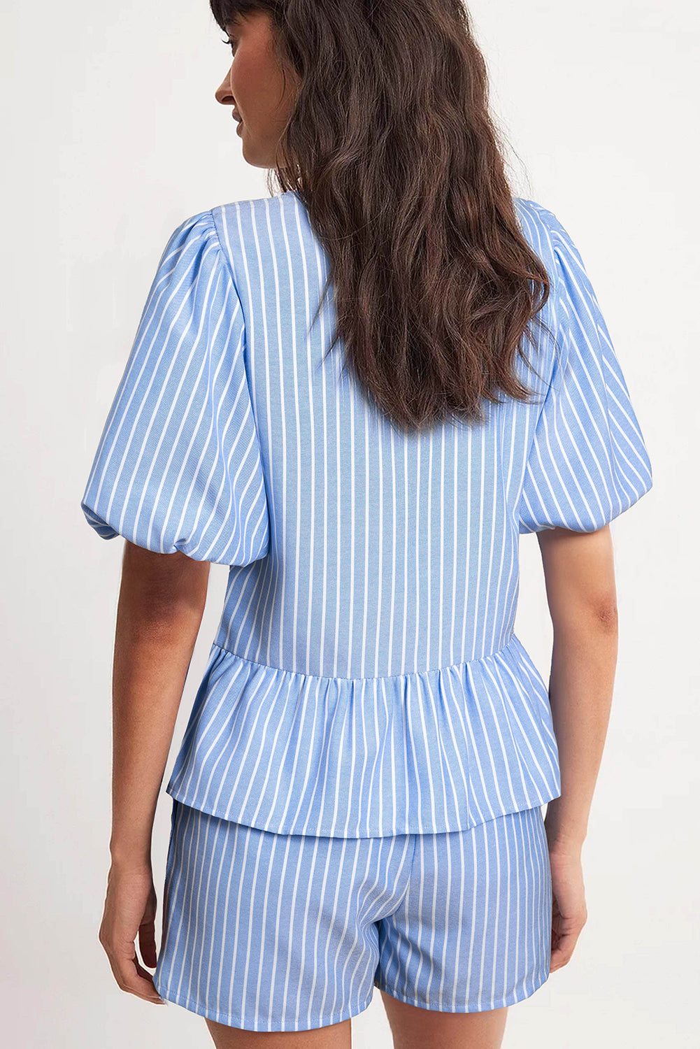 Sky Blue Striped Bowknot Detail Puffy Sleeve Top and Shorts 2Pcs Set Short Sets JT's Designer Fashion
