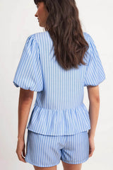Sky Blue Striped Bowknot Detail Puffy Sleeve Top and Shorts 2Pcs Set Short Sets JT's Designer Fashion
