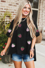 Black Sequin Strawberry Graphic High Low Relaxed Fit Tee Graphic Tees JT's Designer Fashion