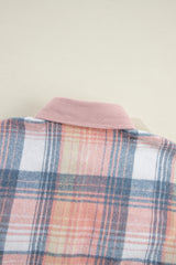 Light Pink Plaid Corduroy Patchwork Chest Pocket Shacket Plaid Shackets JT's Designer Fashion