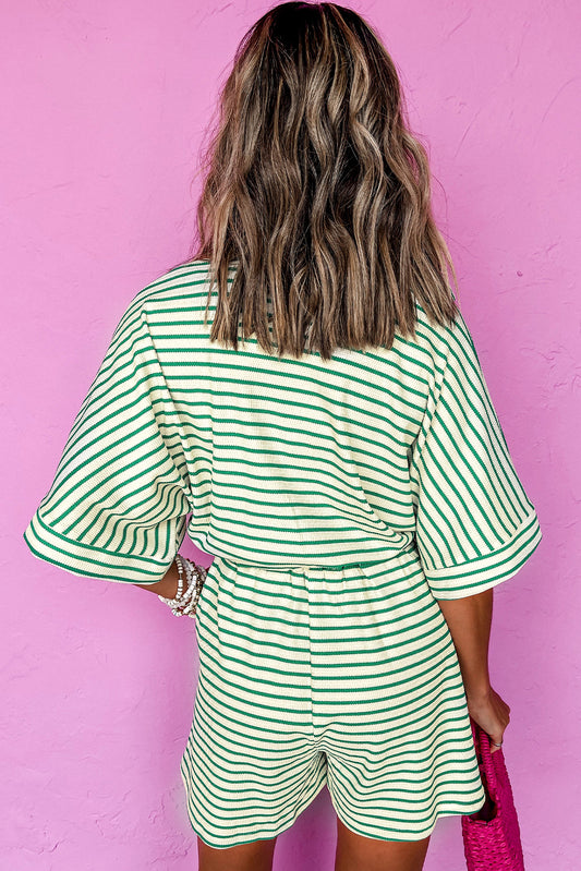 Green Stripe Textured Short Sleeve Collared Buttoned Waist Tie Romper Jumpsuits & Rompers JT's Designer Fashion
