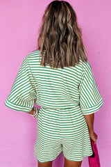 Green Stripe Textured Short Sleeve Collared Buttoned Waist Tie Romper Jumpsuits & Rompers JT's Designer Fashion