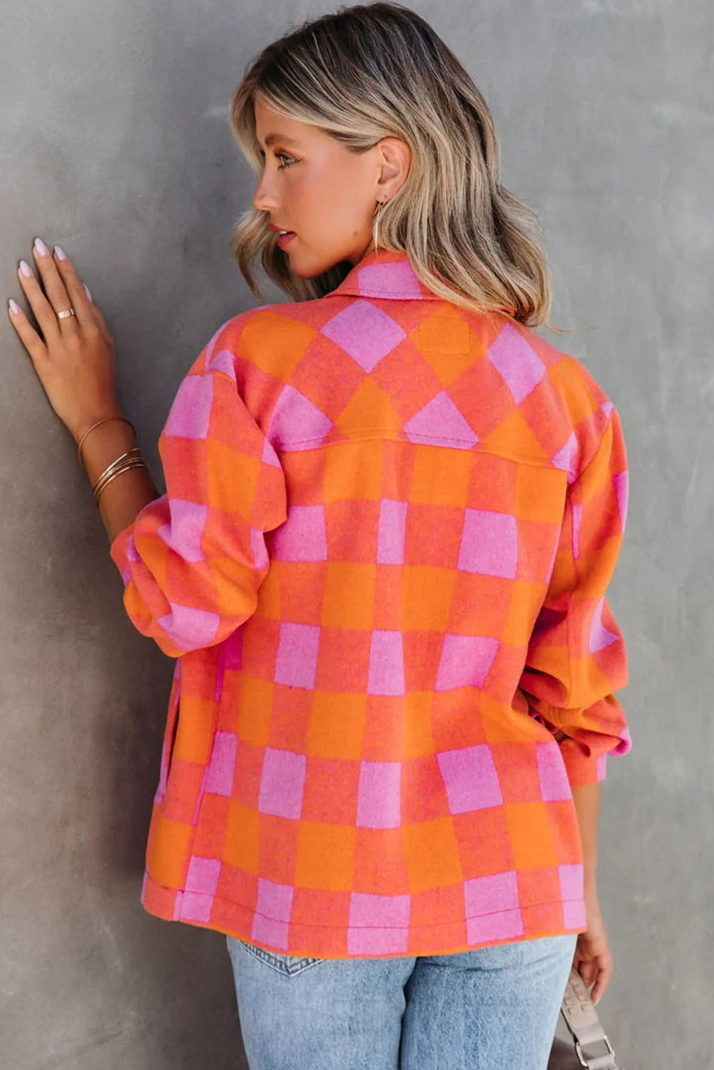 Orange Plaid Chest Pockets Button-up Turn Down Collar Jacket Jackets JT's Designer Fashion