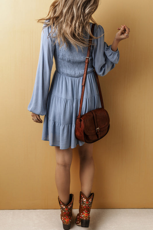 Ashleigh Blue Long Sleeve V Neck Smocked Tiered Mini Dress Mini Dresses JT's Designer Fashion