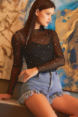 Black Rhinestone Sheer Mesh Slim Fit Long Sleeve Top Long Sleeve Tops JT's Designer Fashion