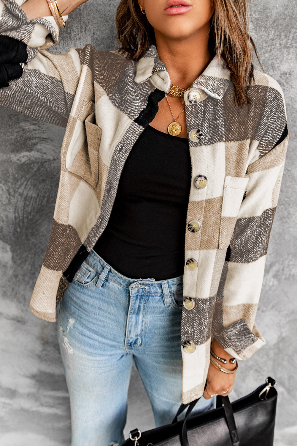 Khaki Plaid Color Block Buttoned Long Sleeve Jacket with Pocket Khaki 95%Polyester+5%Spandex Plaid Shackets JT's Designer Fashion