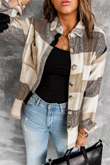Khaki Plaid Color Block Buttoned Long Sleeve Jacket with Pocket Khaki 95%Polyester+5%Spandex Plaid Shackets JT's Designer Fashion