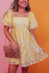 Yellow Boho Flower Jacquard Puff Sleeve Square Neck Mini Dress Yellow 100%Polyester Floral Dresses JT's Designer Fashion