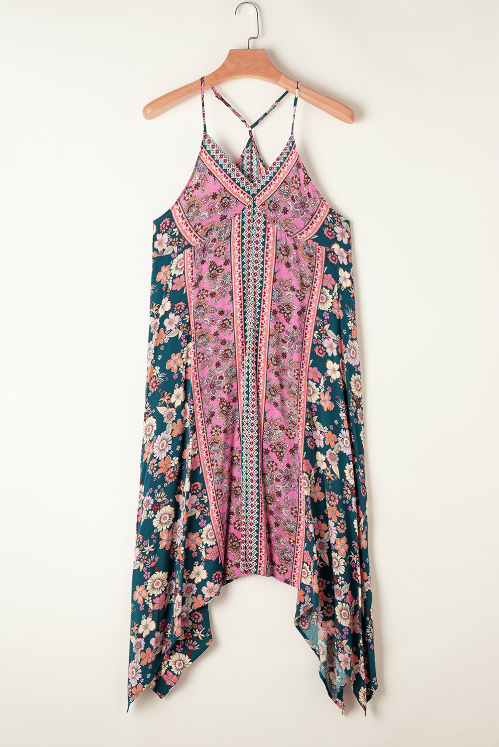 Pink Bohemian Floral Patchwork Print Long Sundress Floral Dresses JT's Designer Fashion