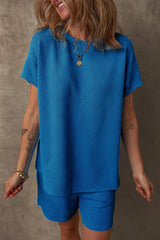 Bluing Solid Textured Crew Neck Short Set Short Sets JT's Designer Fashion