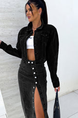 Black Button Fly Side Split High Waist Denim Midi Skirt Skirts & Petticoat JT's Designer Fashion