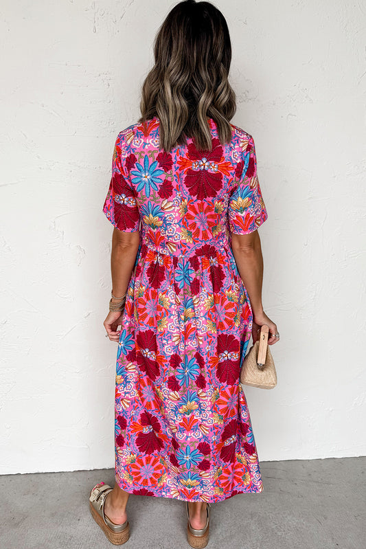 Rose Floral Print Tie High Waist Short Sleeve Loose Long Dress Dresses JT's Designer Fashion
