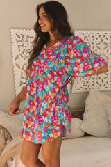 Sky Blue Floral Print Tie Split Neck Bubble Sleeve Babydoll Dress Floral Dresses JT's Designer Fashion