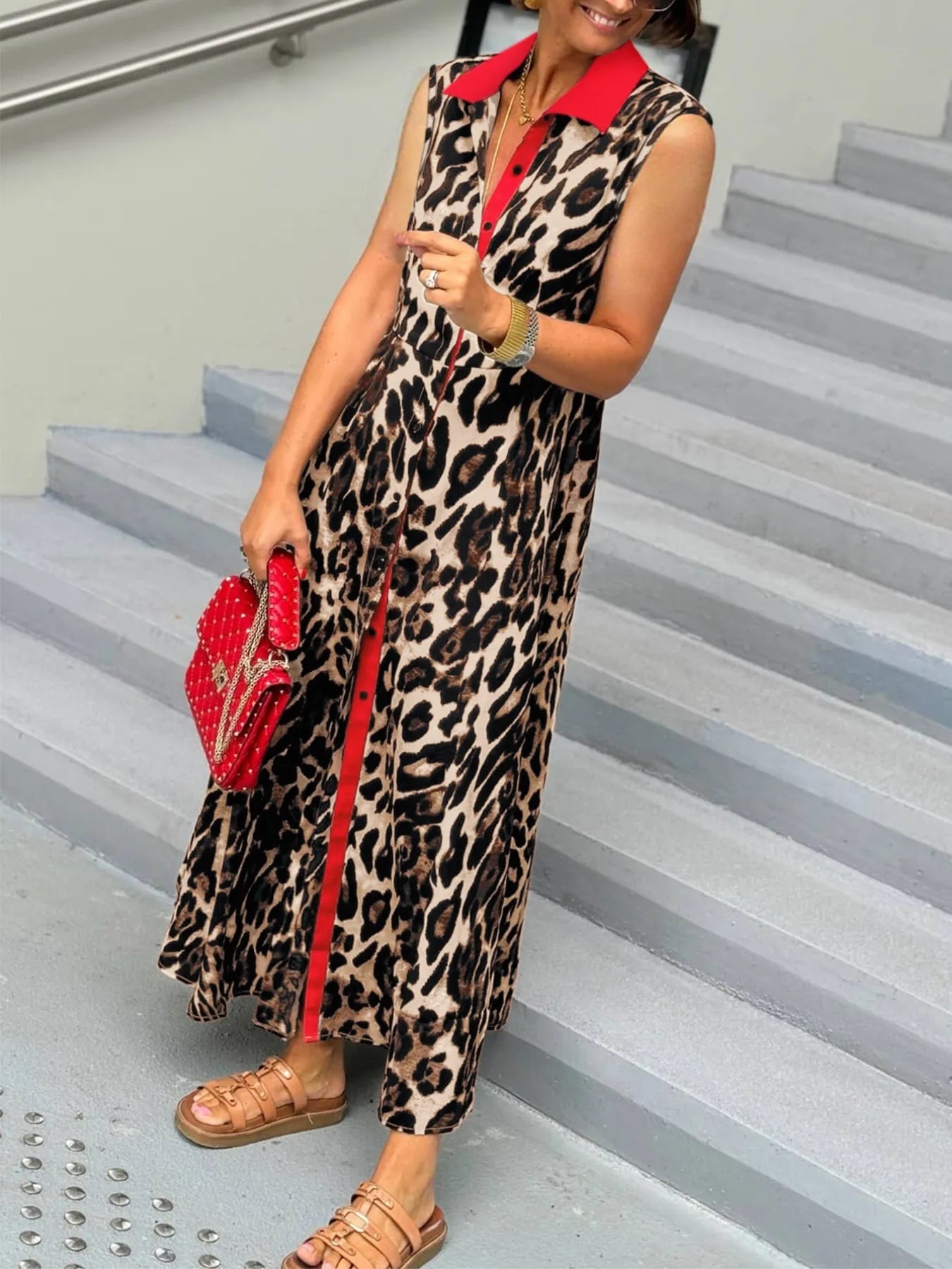 Plus Size Leopard Print Sleeveless Long Dress Maxi Dresses JT's Designer Fashion