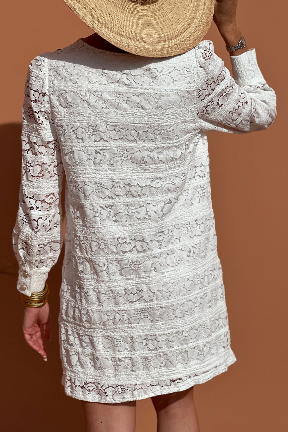 White Lace Crochet Round Neck Puff Sleeve Shift Mini Dress Mini Dresses JT's Designer Fashion