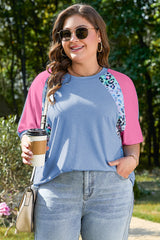 Sky Blue Leopard Print Patch Colorblock Plus Size T Shirt Plus Size Tops & Tees JT's Designer Fashion